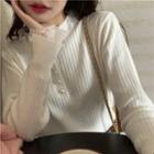 Long-sleeve Mock-neck Lace Trim Knit Top White - One Size