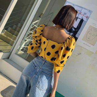 Puff-sleeve Shirred-front Dotted Top
