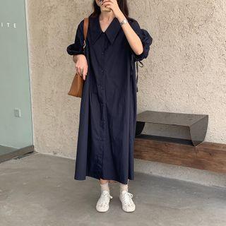 Elbow-sleeve Midi Shirt Dress Navy Blue - One Size