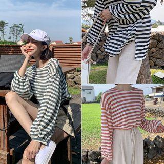 Balloon-sleeve Stripe Silky T-shirt