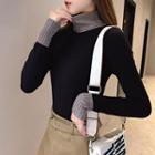 Long-sleeve Turtle-neck Panel Knit Top