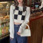 Checkered Cropped Sweater White - One Size