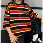 Striped Elbow-sleeve T-shirt Black - One Size
