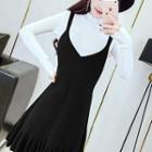 Set: Mock-neck Long-sleeve Knit Top + A-line Knitted Pinafore Dress
