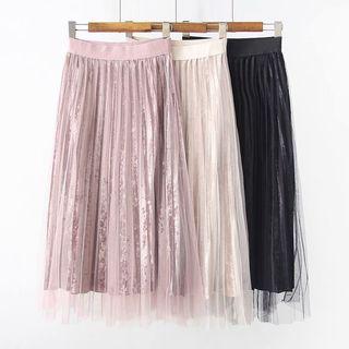 Velvet Pleated Midi Mesh Skirt