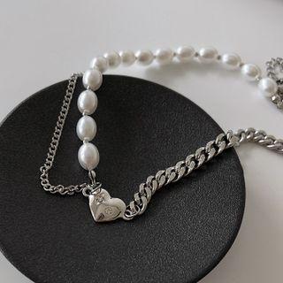 Heart Pendant Faux Pearl Choker Silver - One Size
