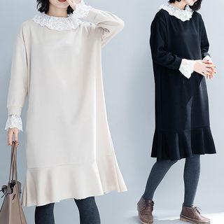 Lace Panel Ruffle Hem Pullover Dress