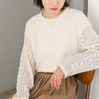 Plain Crewneck Lace Long-sleeve Top