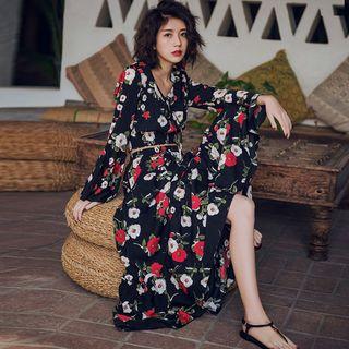 Set: Flower Print Cropped Long-sleeve Top + Maxi Skirt