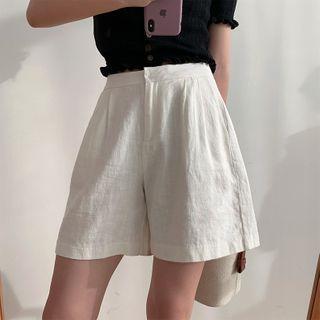 Plain Linen High-waist Wide-leg Shorts