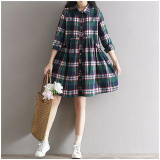 Plaid Long-sleeve A-line Shirt Dress
