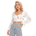 Floral Embroidered Puff-sleeve Lace-up Cropped Top