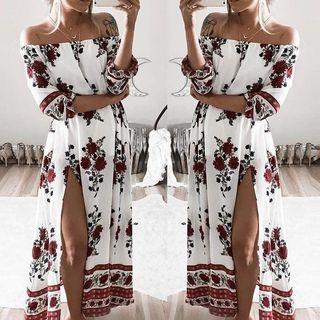 Printed Side-slit Off-shoulder Elbow-sleeve A-line Dress