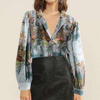 Long-sleeve Open-collar Print Chiffon Shirt