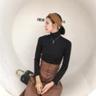Plain Turtle-neck Long-sleeve Slim-fit Top