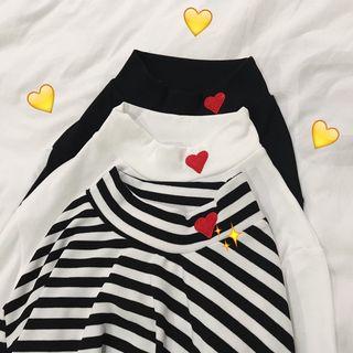 Heart Print Mock-neck Long-sleeve Top