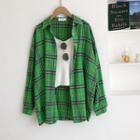 Color-block Plaid Long-sleeve Blouse Green - One Size