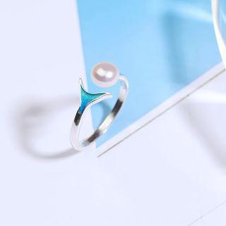 925 Sterling Silver Faux Pearl Fish Tail Open Ring