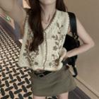 Sleeveless Floral Knit Top Almond - One Size