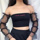 Off-shoulder Sheer Long-sleeve Blouse