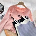 Set: Long-sleeve Plain Cardigan + Knit Camisole Top