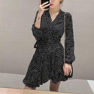 Long-sleeve Dotted Asymmetric Mini Dress