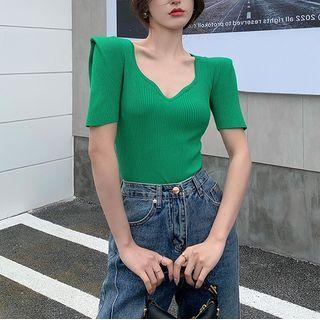 Short Sleeve Scoop Neck Plain Knit Top