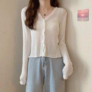 Long-sleeve V-neck Wavy Trim Cardigan