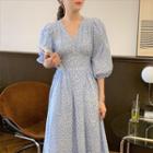 V-neck Cutout-back Print Midi A-line Dress Light Blue - One Size