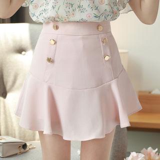Metallic-button Ruffle-hem Mini Skort