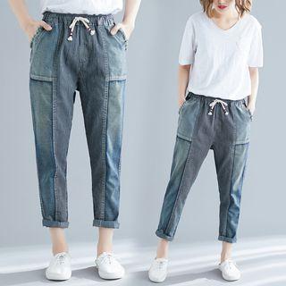 Drawstring Waist Striped Panel Cropped Jeans