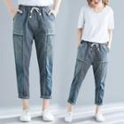 Drawstring Waist Striped Panel Cropped Jeans