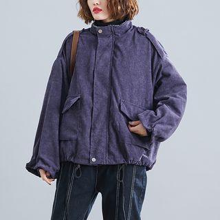 Plain Stand-collar Corduroy Jacket Grayish Purple - F