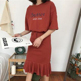 Set: Lettering Short-sleeve T-shirt + Drawstring Waist Skirt