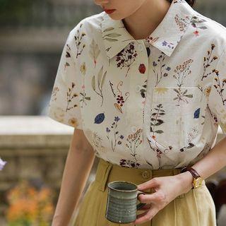 Short-sleeve Floral Pocketed Shirt