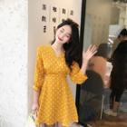3/4-sleeve Dot V-neck A-line Dress