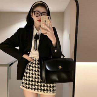 Plain Blazer / Tie Neck Blouse / Houndstooth A-line Skirt