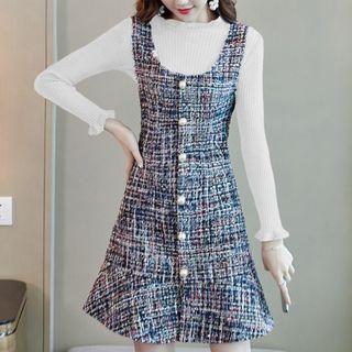 Set: Mock Neck Knit Top + Sleeveless Tweed Dress