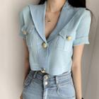 Short Sleeve Notch Lapel Cropped Knit Cardigan