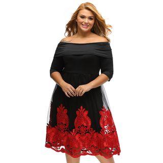 Embroidered Off Shoulder 3/4 Sleeve Dress