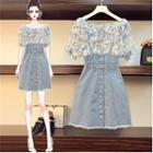 Set: Short-sleeve Ruffle Trim Blouse + Suspender Denim Mini A-line Skirt