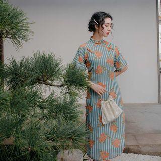 Short-sleeve Floral Print Striped Midi Qipao