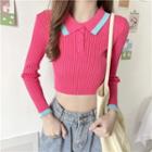 Long-sleeve Polo Collared Knit Crop Top
