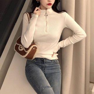 Mock Turtleneck Half-zip Long-sleeve Knit Top