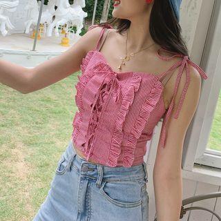 Gingham Ruffle Trim Tie-strap Cropped Camisole Top