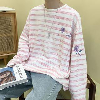 Long-sleeve Floral Embroidered Striped T-shirt