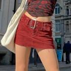 Plain Low-rise Corduroy Belted Miniskirt