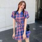 Short-sleeve Plaid Slim-fit Polo-shirt / Plaid High-waist Skirt