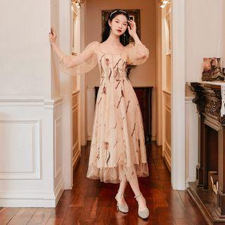 Balloon-sleeve Embroidered Maxi A-line Dress