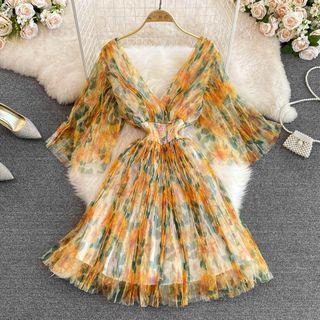 V-neck Floral Print Chiffon A-line Dress
